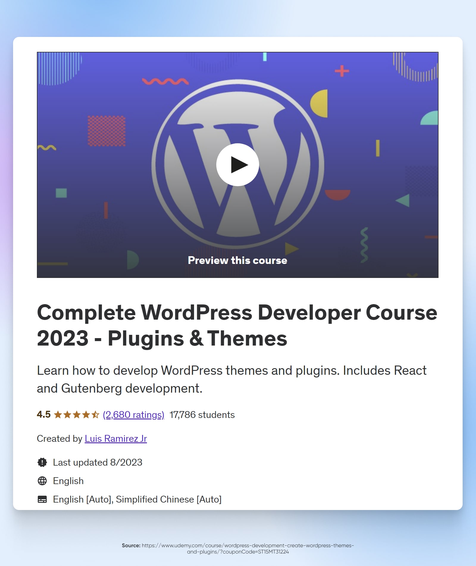 screenshot of the WP developer course on Udemy