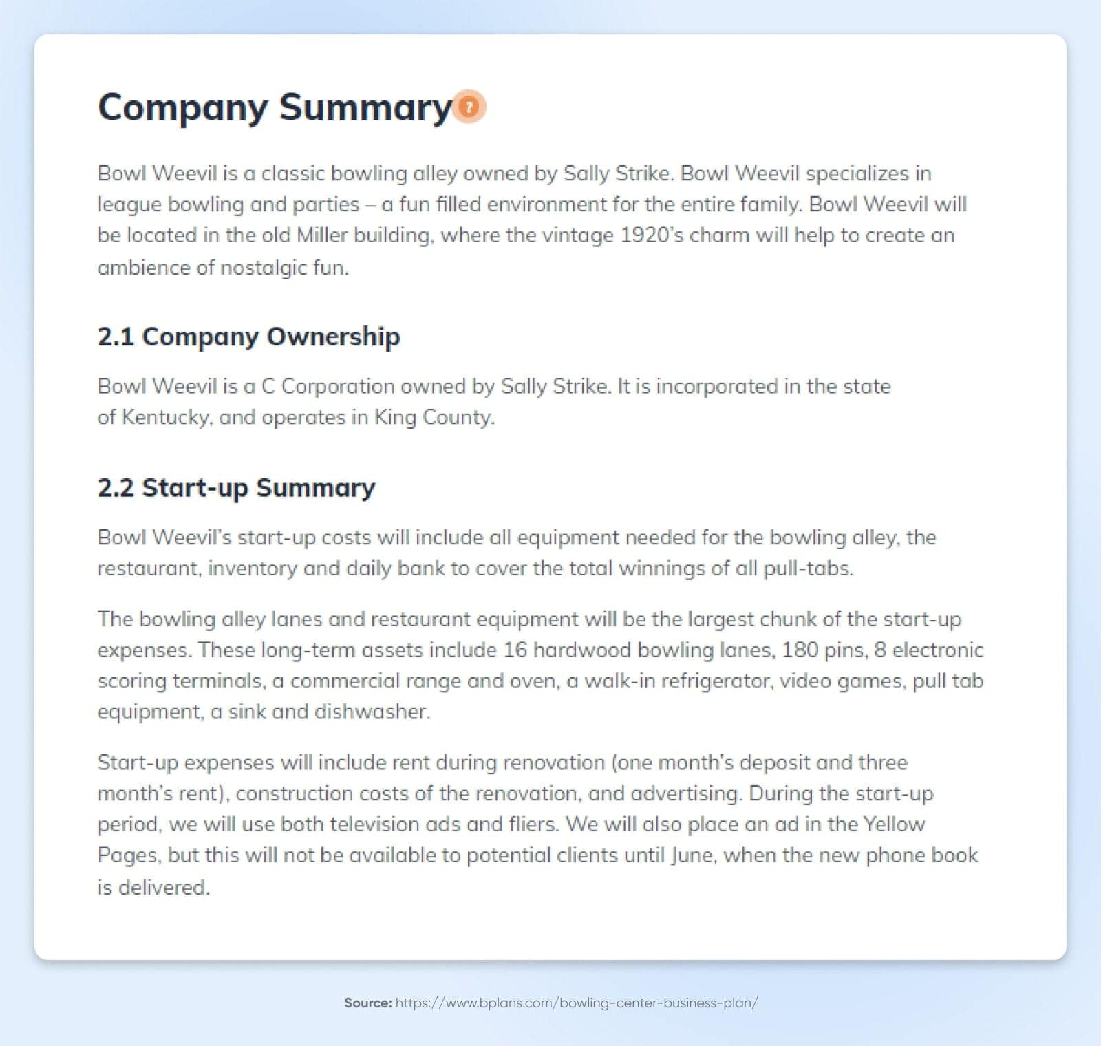 A Company Summary white page with sections on company ownership and start-up summary.