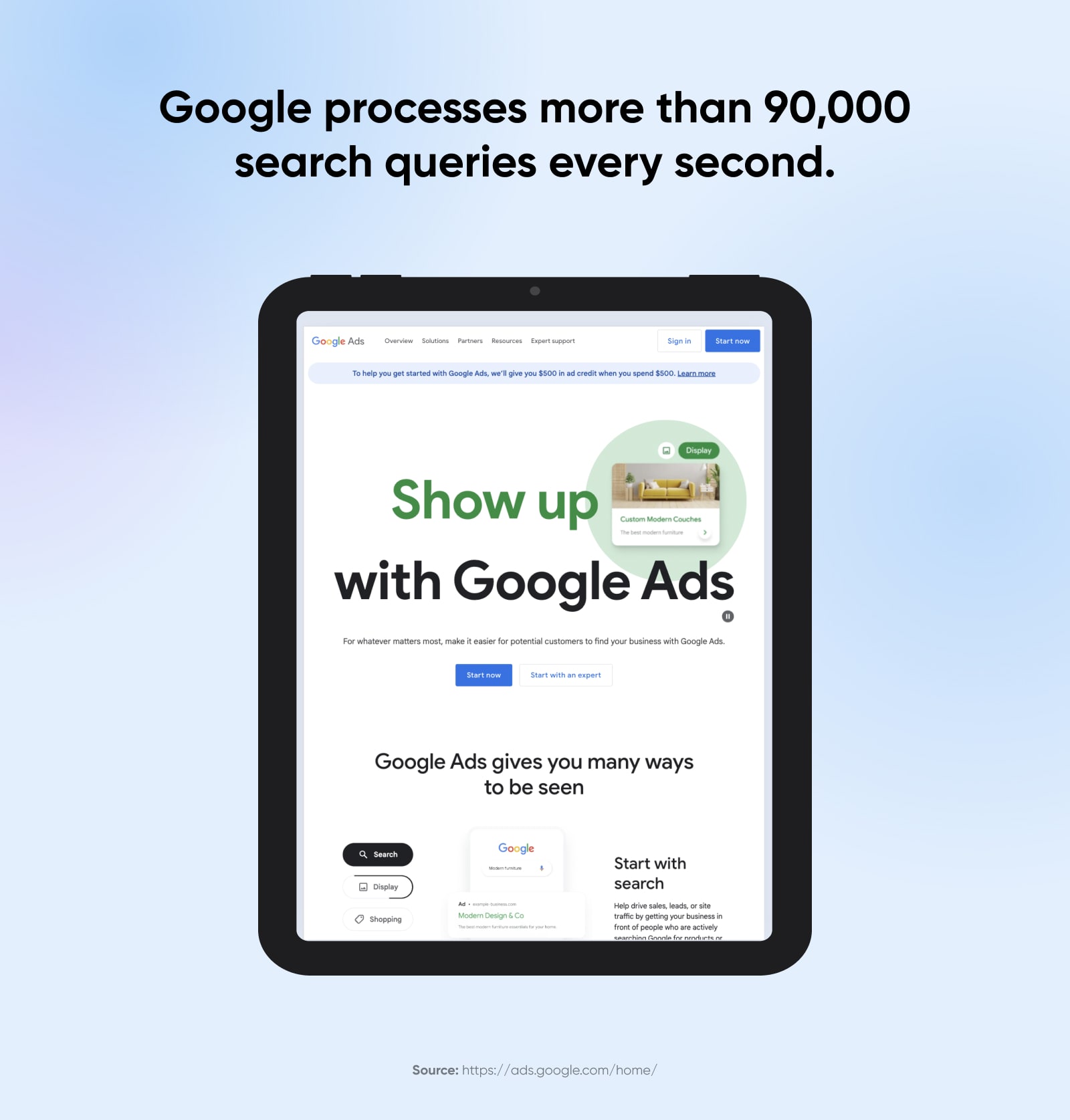 The home page for Google Ads appears against a light blue background