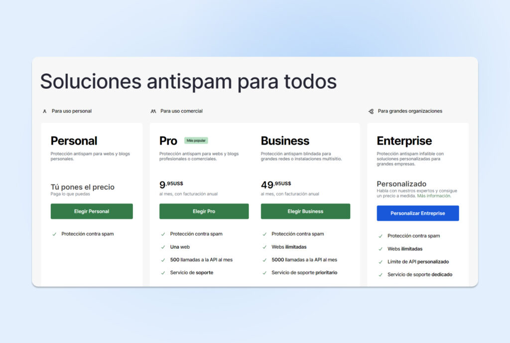 Los planes de precios de Akismet se centran en: "Soluciones antispam para todos".