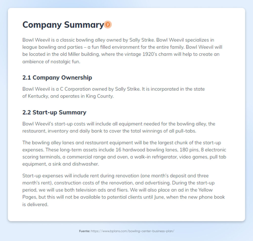 Una página blanca de Resumen de la empresa con secciones sobre propiedad de la empresa y resumen de puesta en marcha.