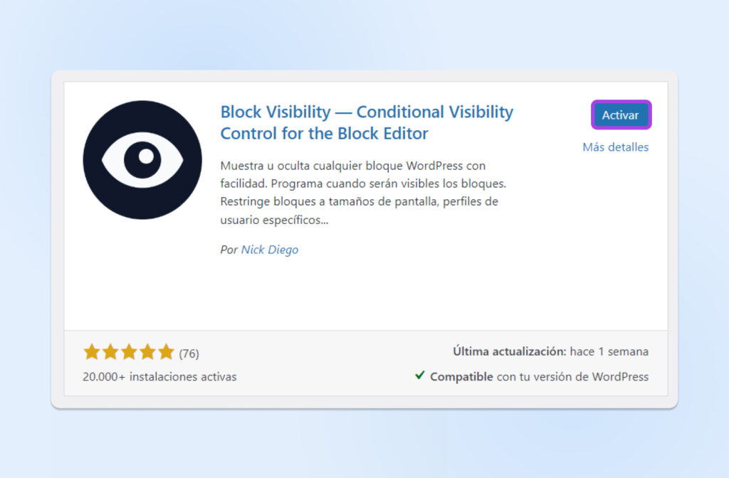 Captura de pantalla de WP que muestra dónde está el botón de activación para el plugin de visibilidad de bloques