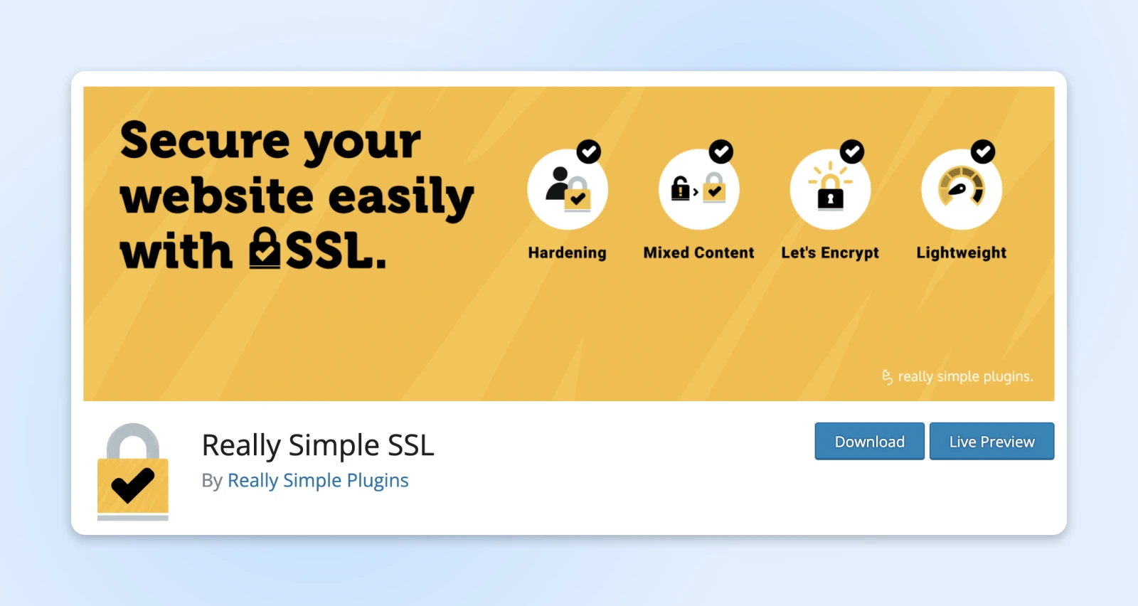 screenshot of the Really Simple SSL found on wordpress.org  with download and preview buttons