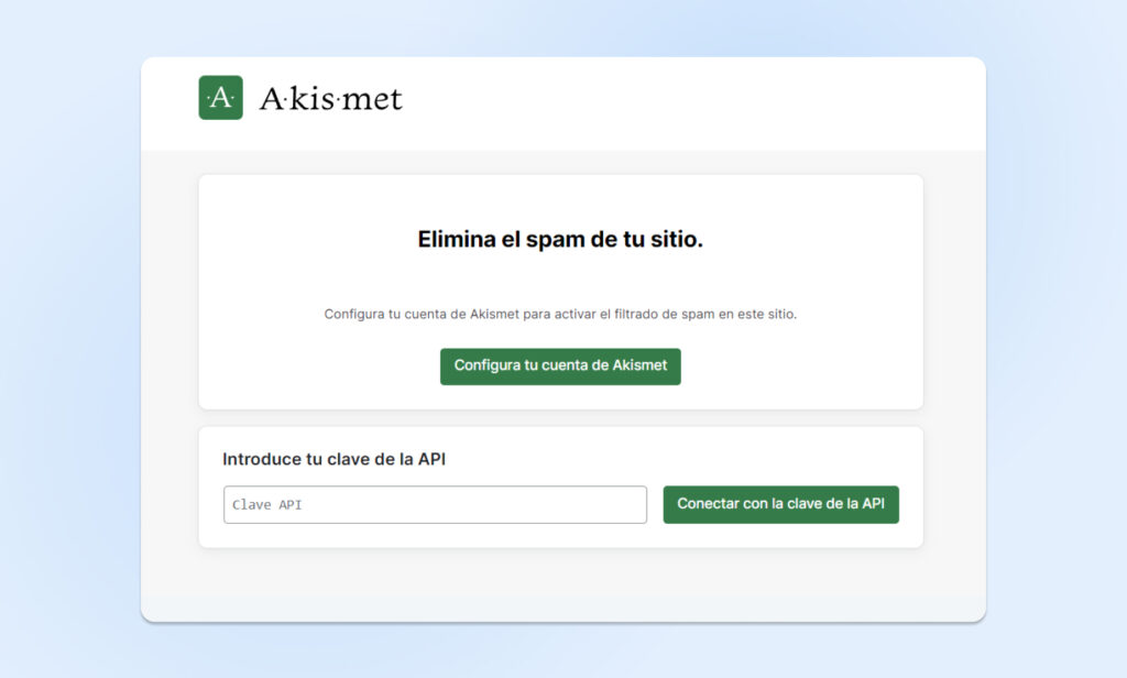Captura de pantalla de Akismet con un campo en blanco para "Ingresar tu clave API" y un botón para "Conectar con la clave API".