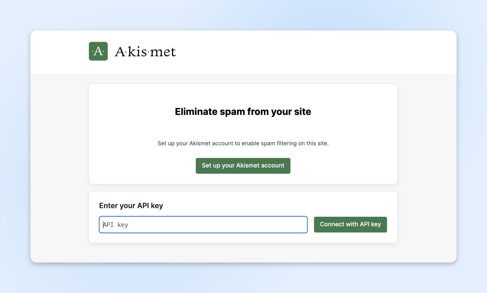 Akismet screenshot with a blank field to "Enter your API key," and a button to "Connect with API key."