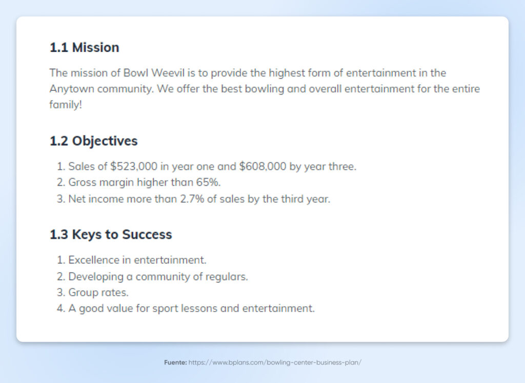 Los objetivos comerciales de Bowl Weevil en una página blanca que incluye la misión, los objetivos y las claves del éxito.