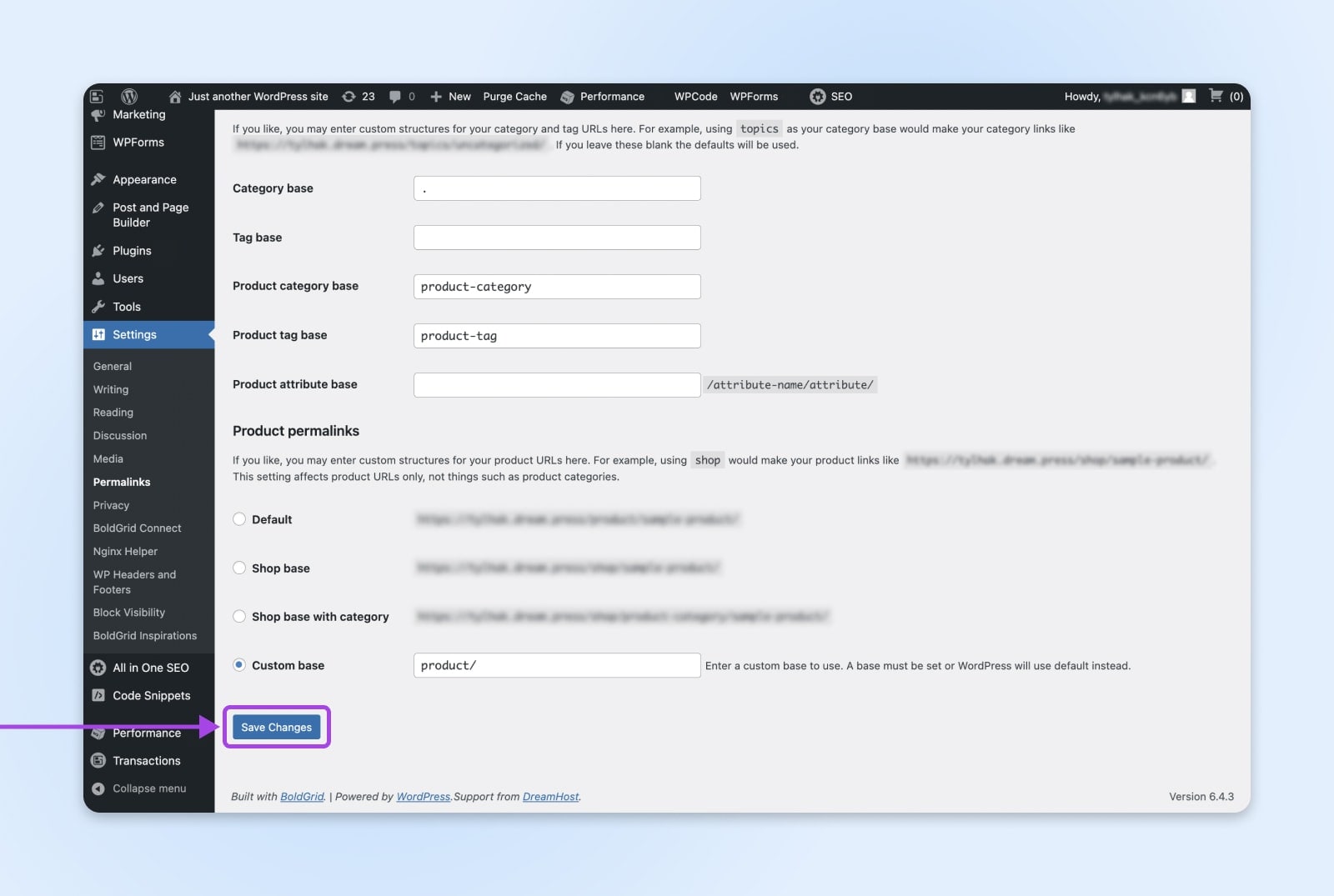 A purple arrow points to the blue Save Changes button in the Settings page of the WordPress dashboard