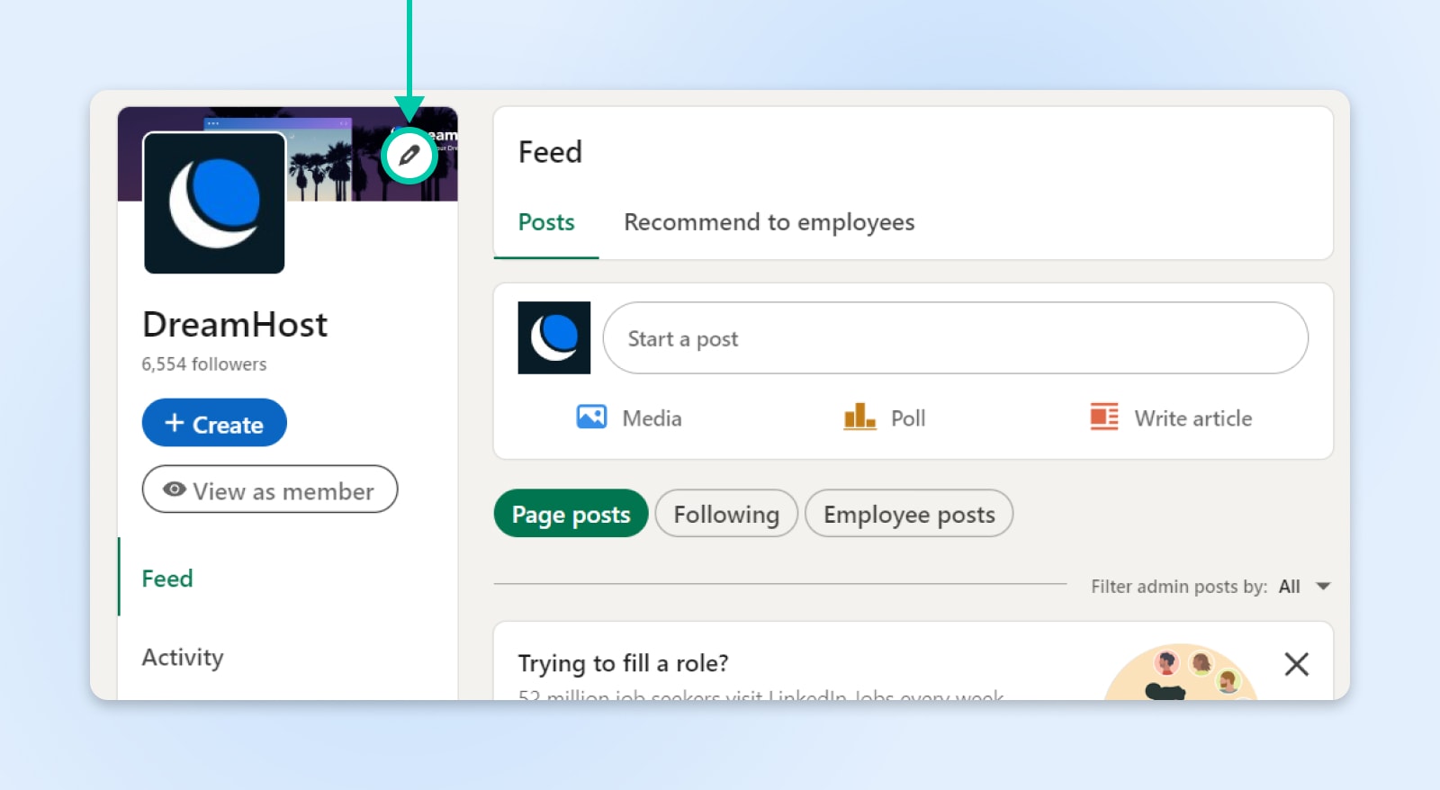 User view of the company page highlighting the location of the edit pencil icon at the top of the side bar nav