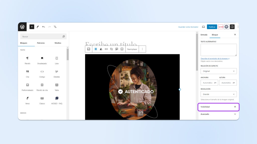 Captura de pantalla de wp para la opción de visibilidad en el menú de bloques