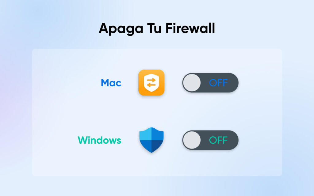 Símbolos de firewall de Mac y Windows con un botón deslizante en "OFF".