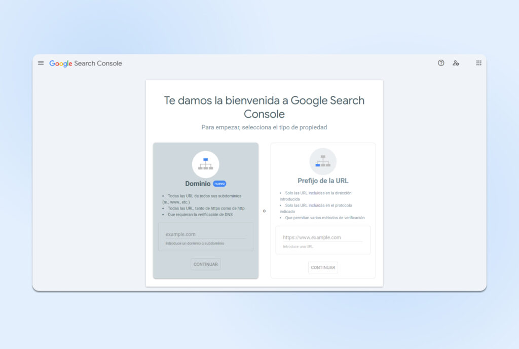 La página Bienvenido a Google Search Console muestra dos opciones: dominio o prefijo de URL