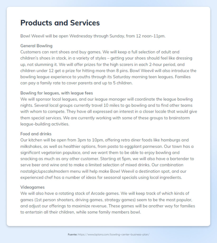 Páginas de productos y servicios de Bowl Weevil que describen sus ofertas, incluidos bolos para ligas y videojuegos.