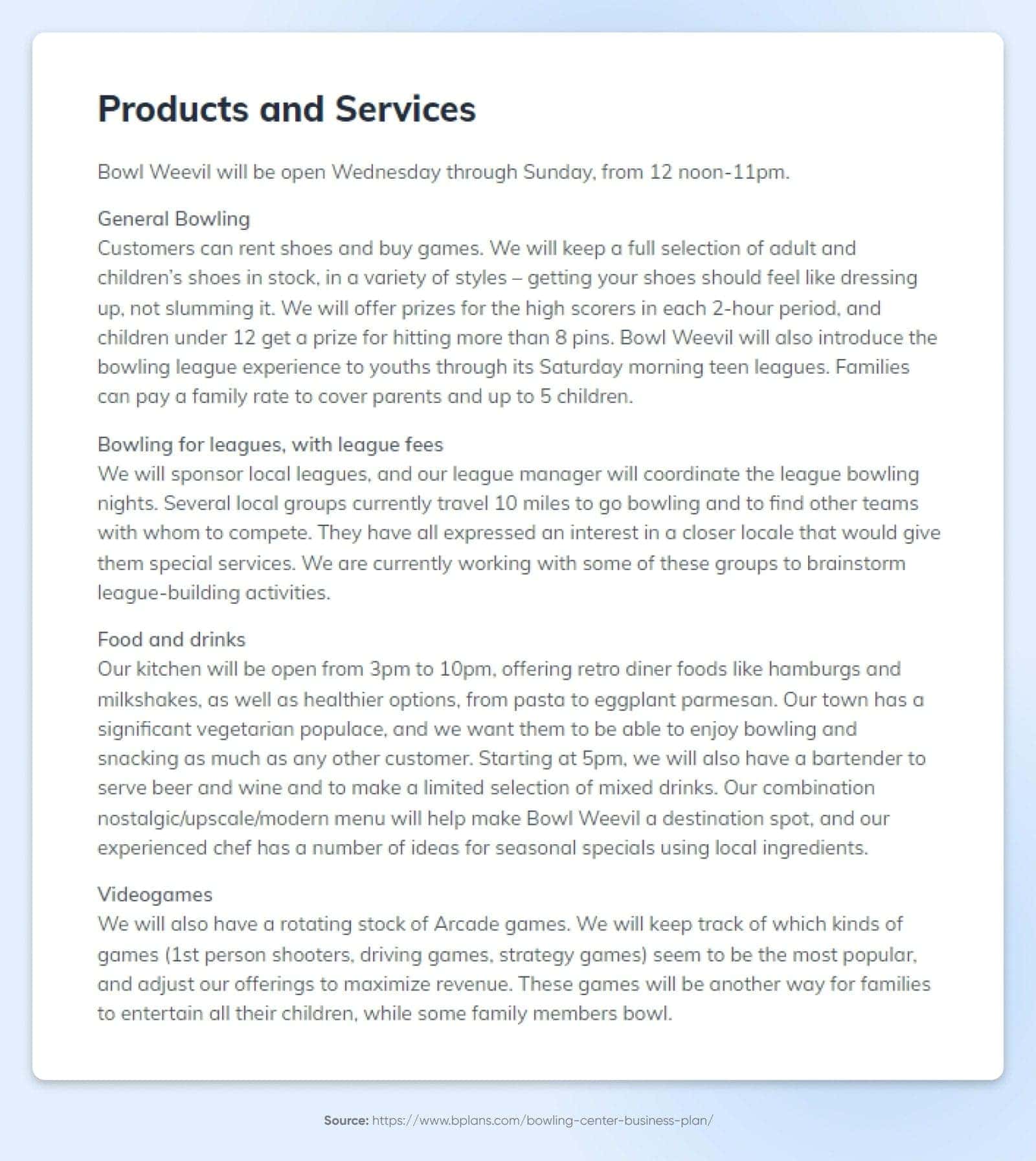 Bowl Weevil's Products and Services pages outlining their offerings including bowling for leagues and video games.