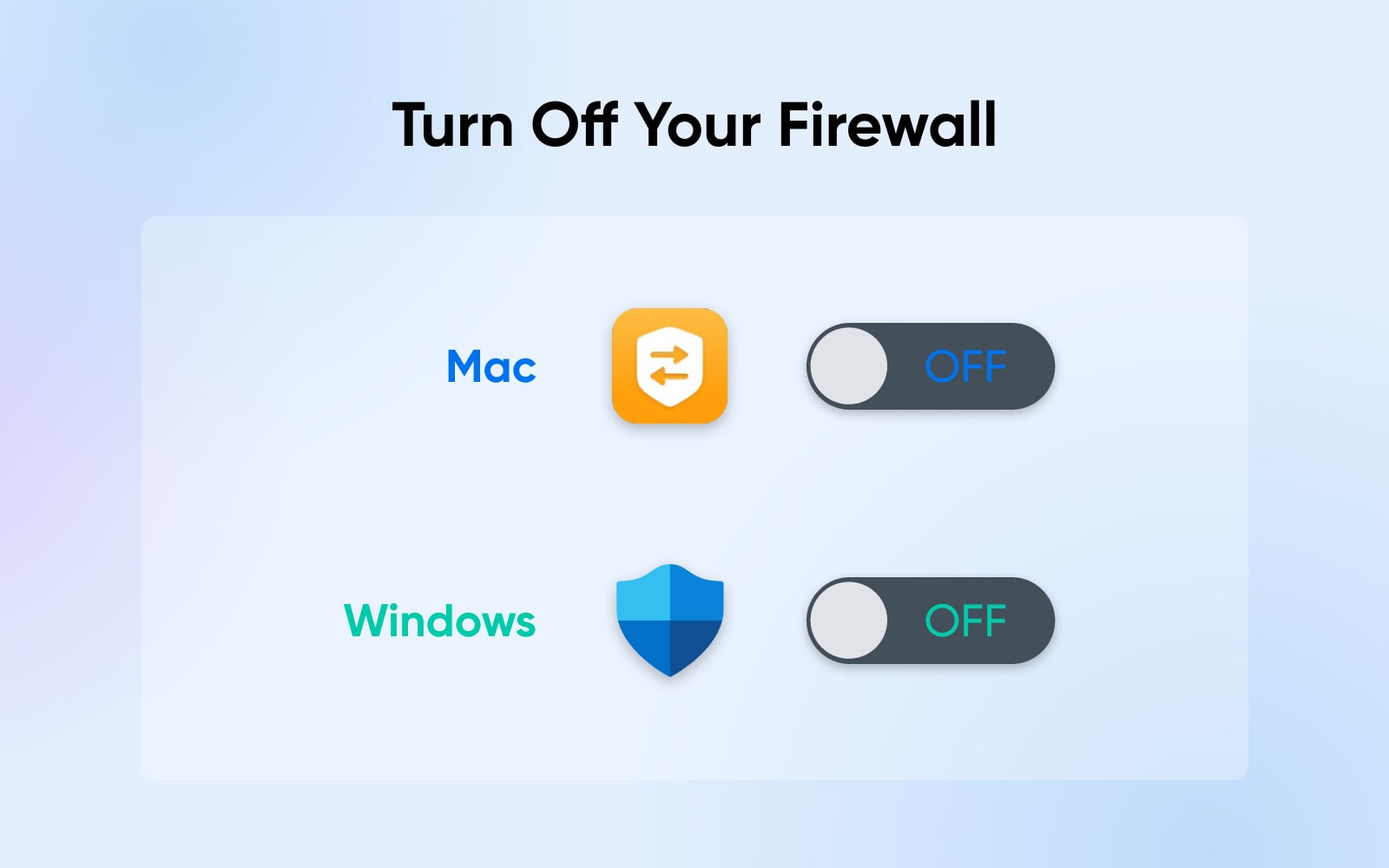 Mac and Windows firewall symbols with a sliding button turned to "OFF." 