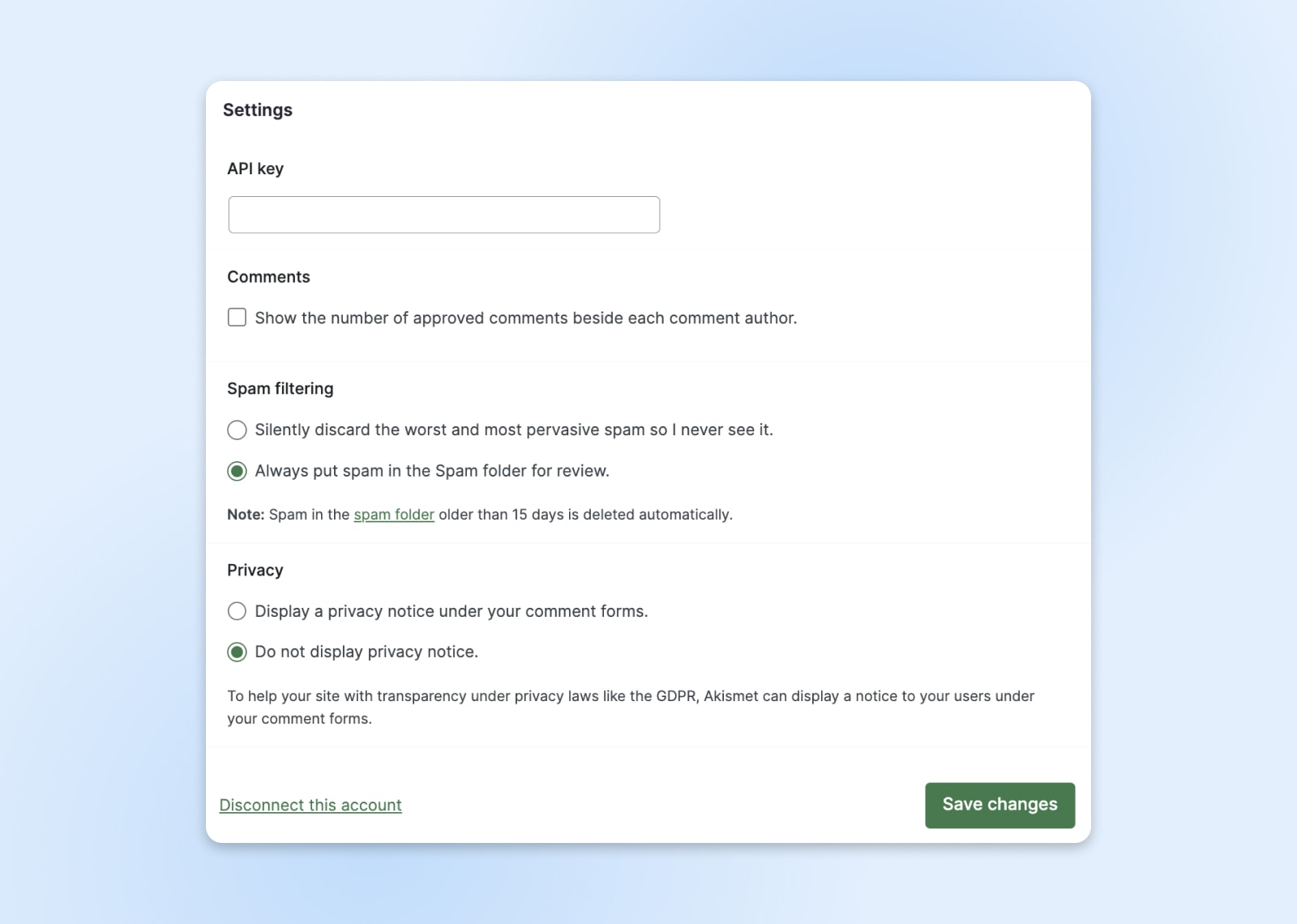 Akismet "Settings" dialog box with options for comments, spam filtering, and privacy.