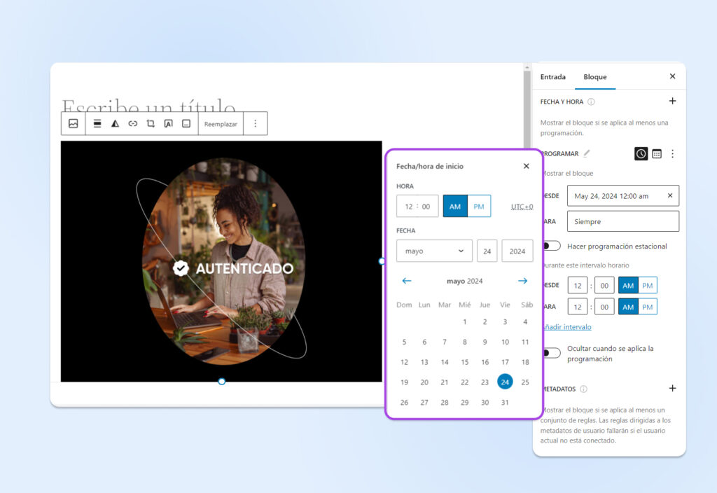Captura de pantalla de wp que muestra la opción de fecha y hora de inicio