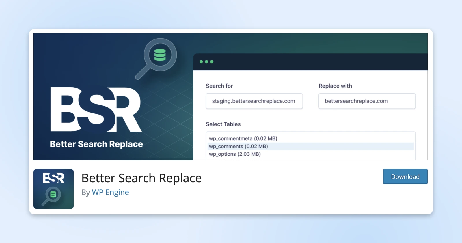 screenshot of the better search replace download option in WP