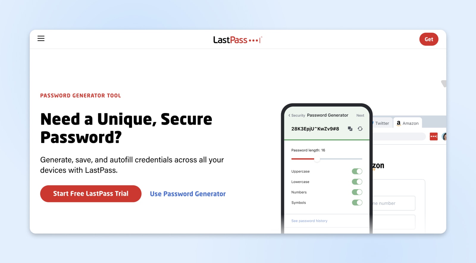 The top portion of the LastPass homepage asks "Need a Unique, Secure Password?" in black font on a white background