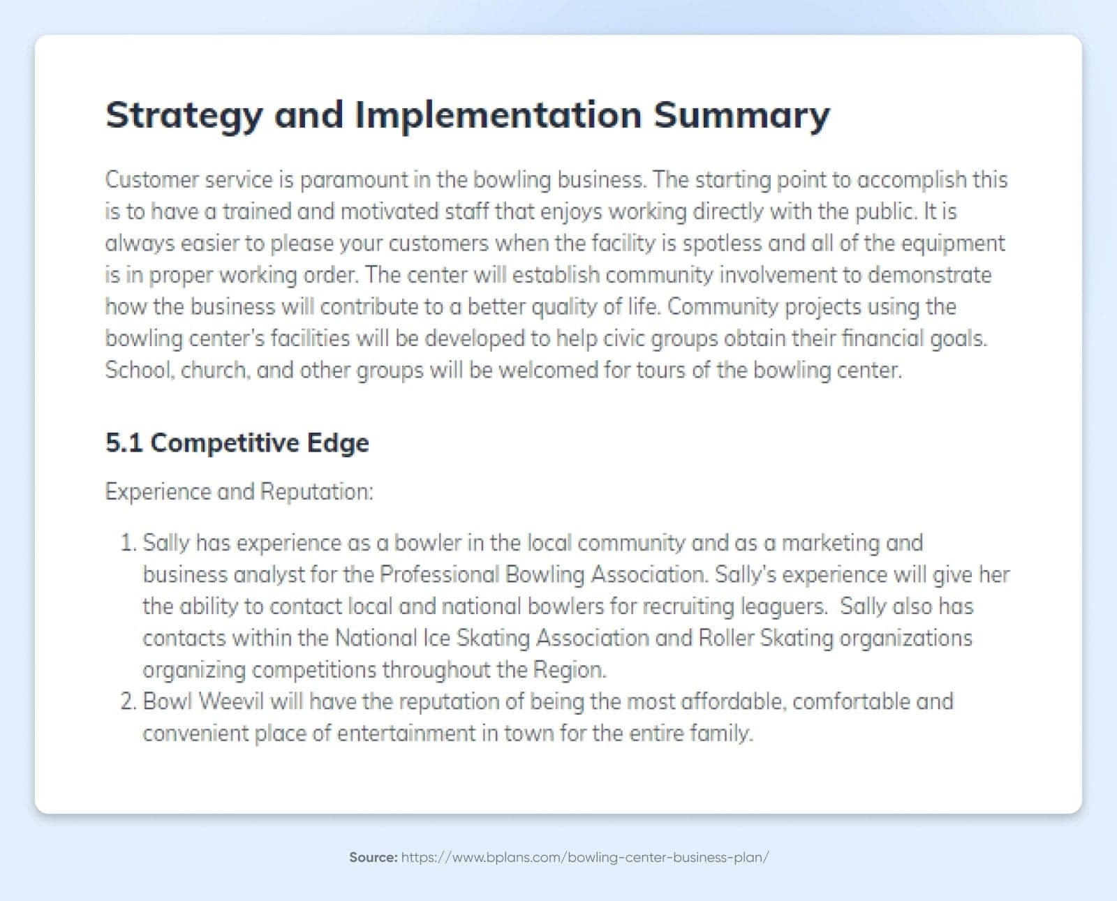 Bowl Weevil's "Strategy and Implementation Summary" document including a section on competitive edge.