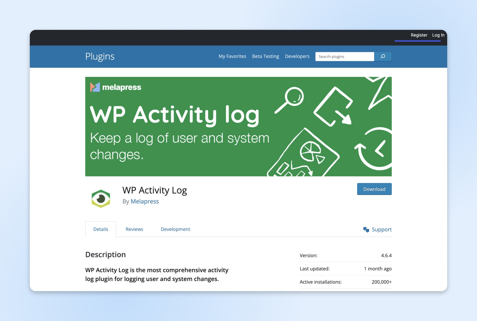 The WP Activity log plug-in screen shows a green banner and a blue download button