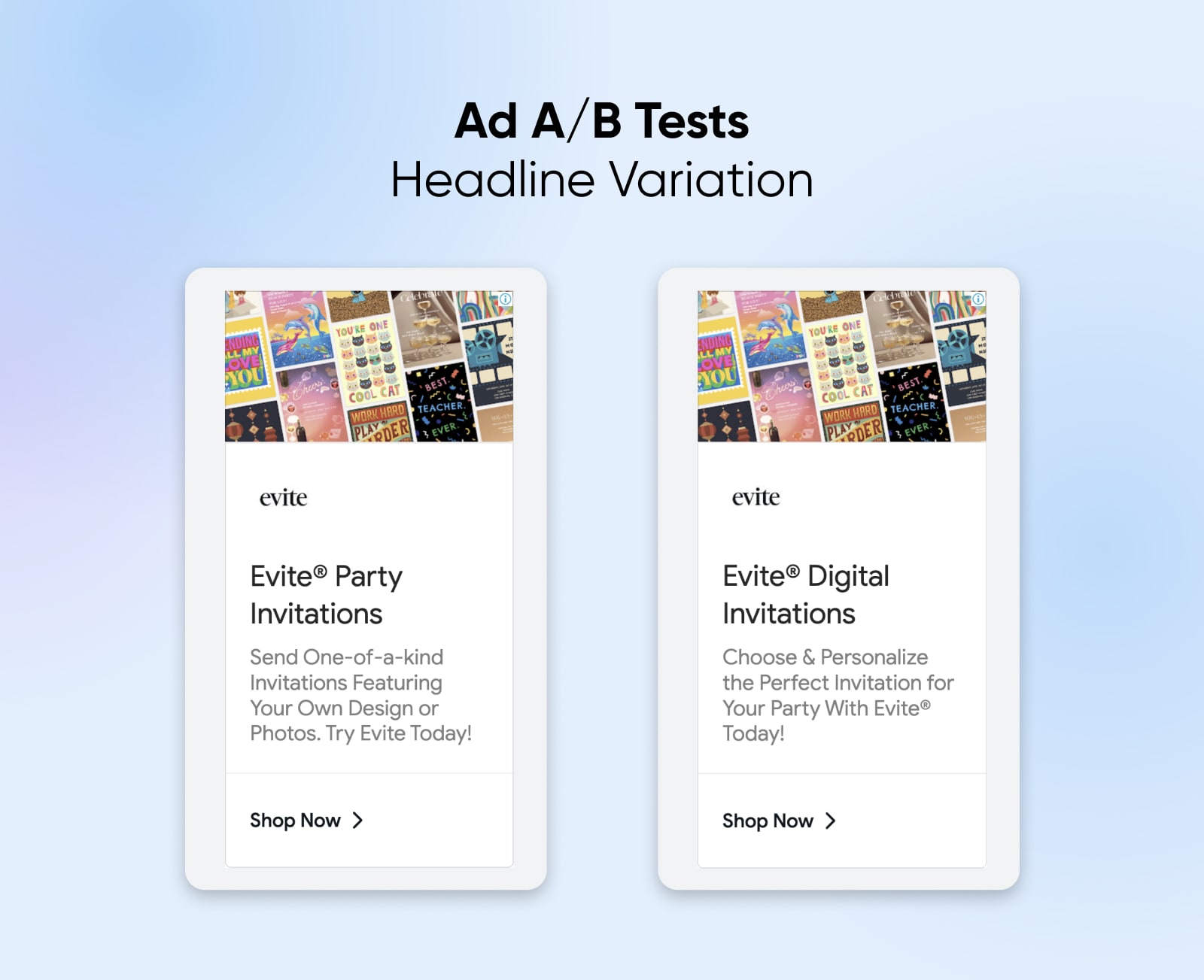 Examples of two Evite ads with different headline copy appear side-by-side against a blue background