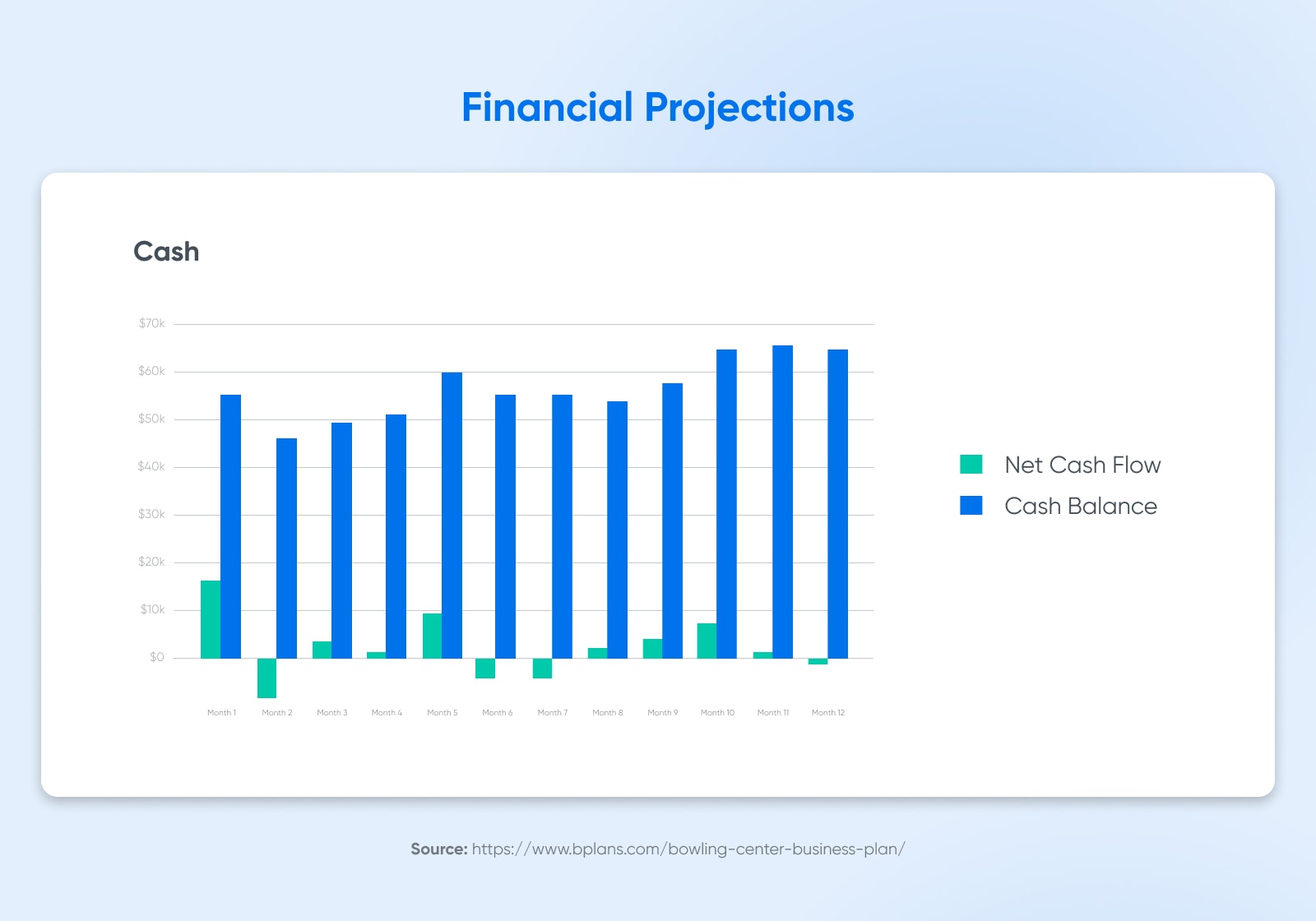 "Financial Projections" with a graph indicating net cash flow in green and cash balance in blue.