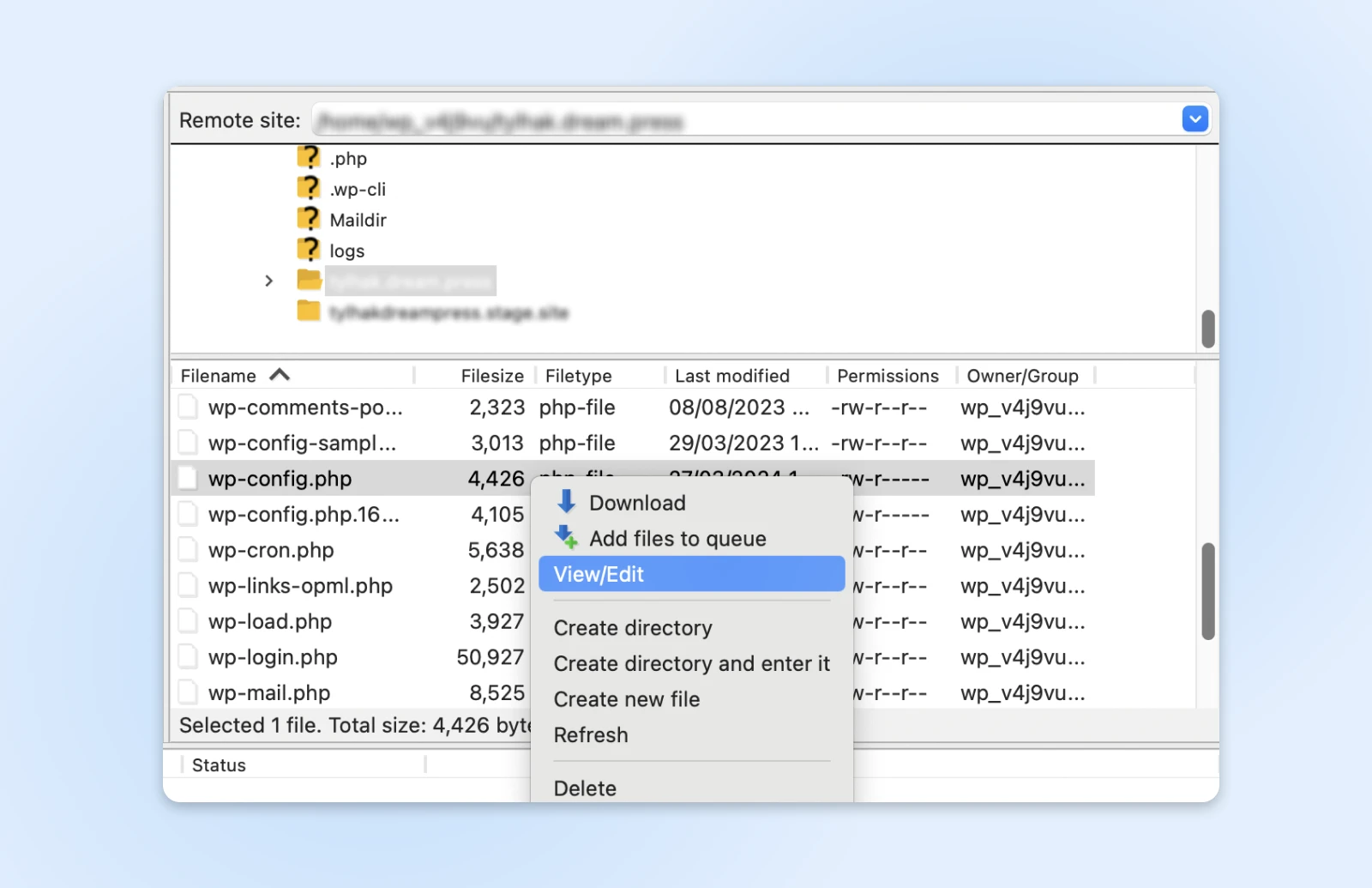 file manager showing wp-config.php with right click options and view/edit highlighted 