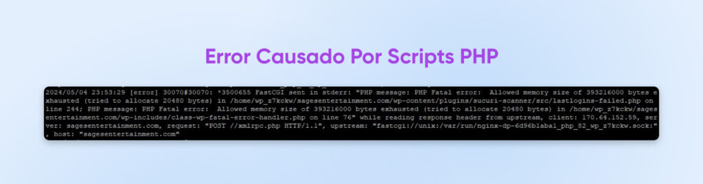 PHP script error Encabezado "Error causado por scripts PHP" con código en una captura de pantalla con fondo negro.