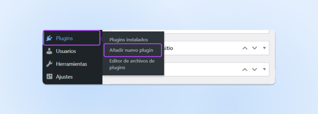 Menú de complementos de la barra lateral de WordPress con el botón "Agregar nuevo plugin" seleccionado.