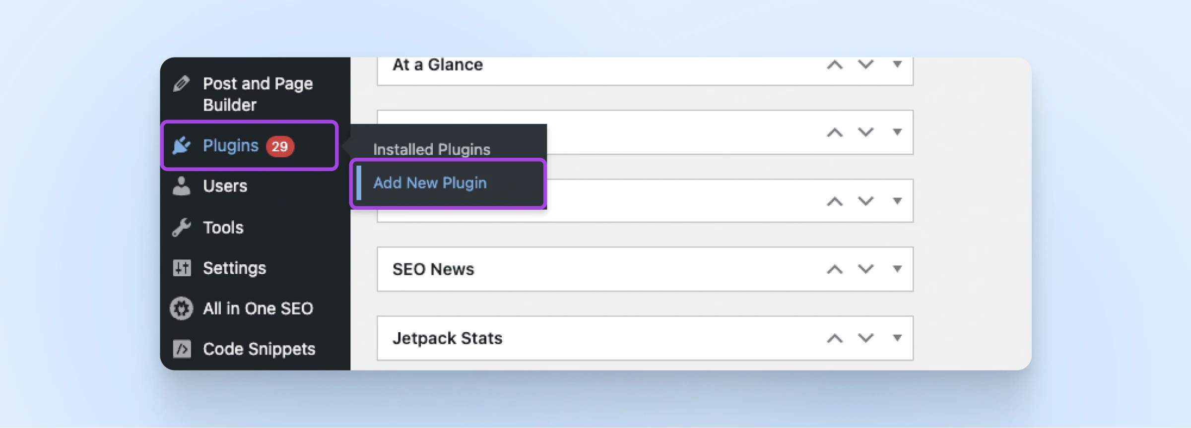 Plugins menu from the WordPress sidebar with the button "Add New Plugin" selected. 