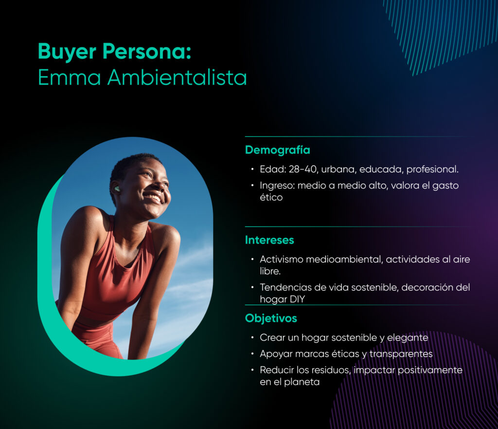 Un ejemplo de personaje comprador de "Emma consciente del medio ambiente" incluye su fotografía, datos demográficos, intereses y objetivos.