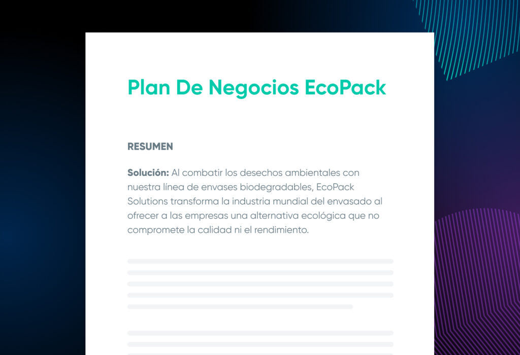 Aparece un plan de negocios de muestra que comienza con un resumen sobre un fondo oscuro.