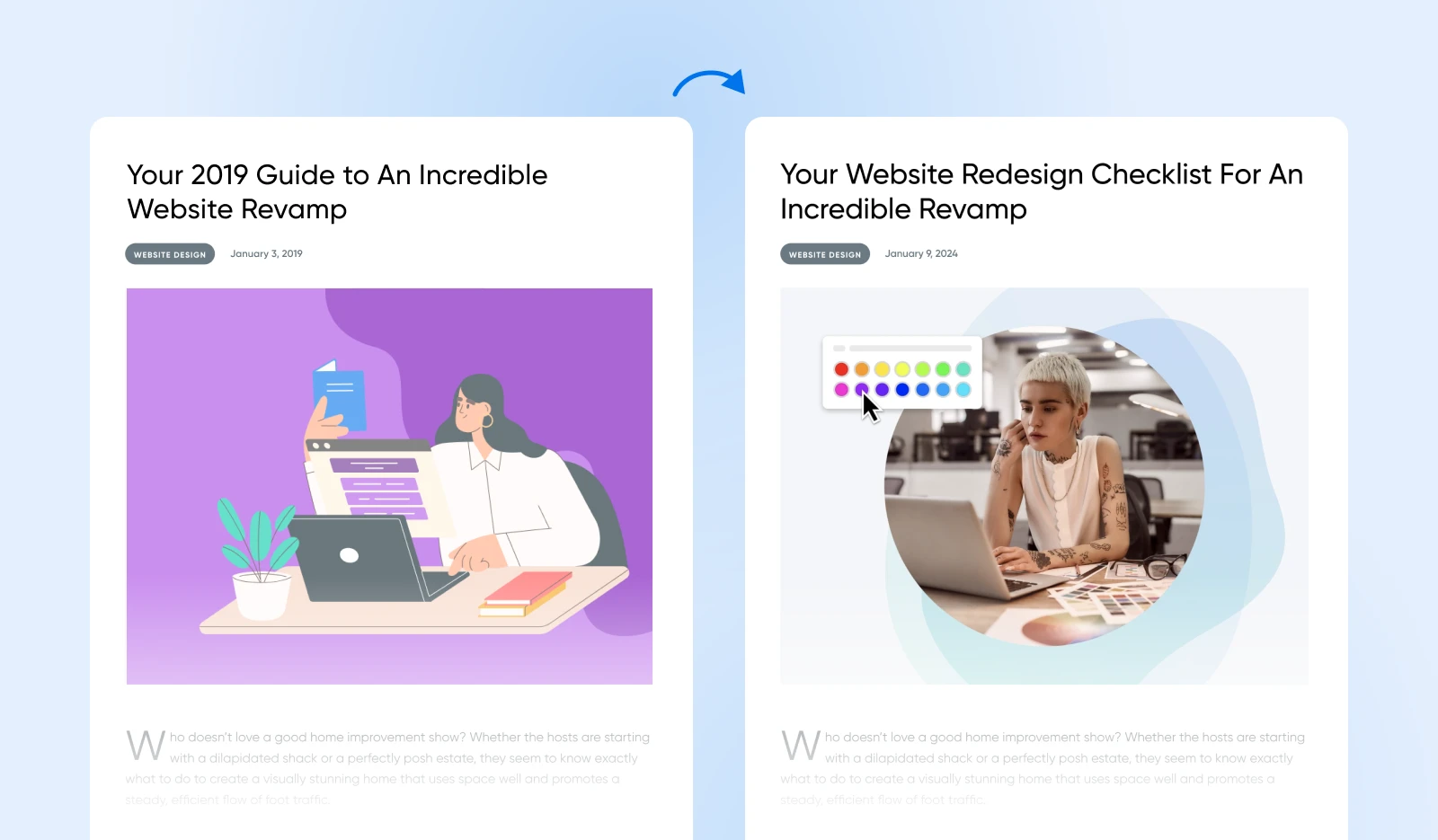 Two side-by-side content refreshes comparisons for a website page. 
