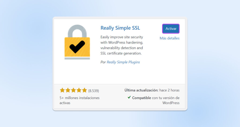 Cuadro de diálogo que muestra el botón azul "Activar" resaltado en el plugin  SSL Really Simple.