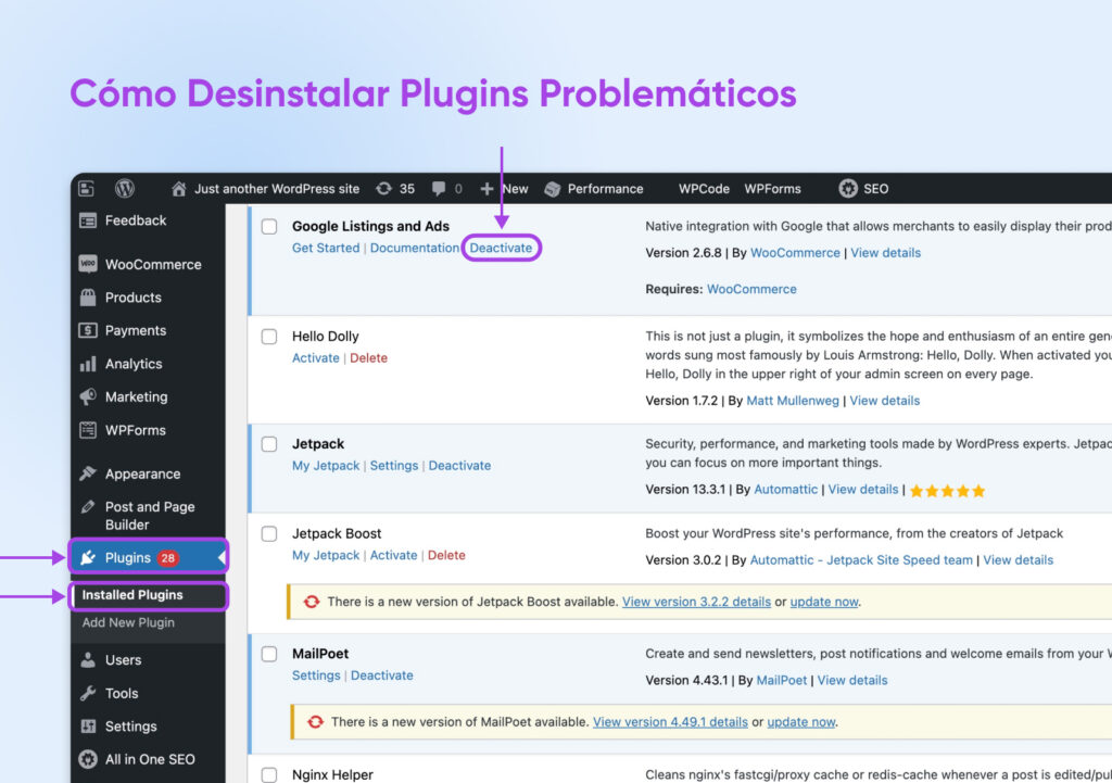 Uninstall plugins screenshot Encabezado "Cómo desinstalar complementos problemáticos" con una captura de pantalla de la pestaña Complementos y el botón Desactivar señalado.