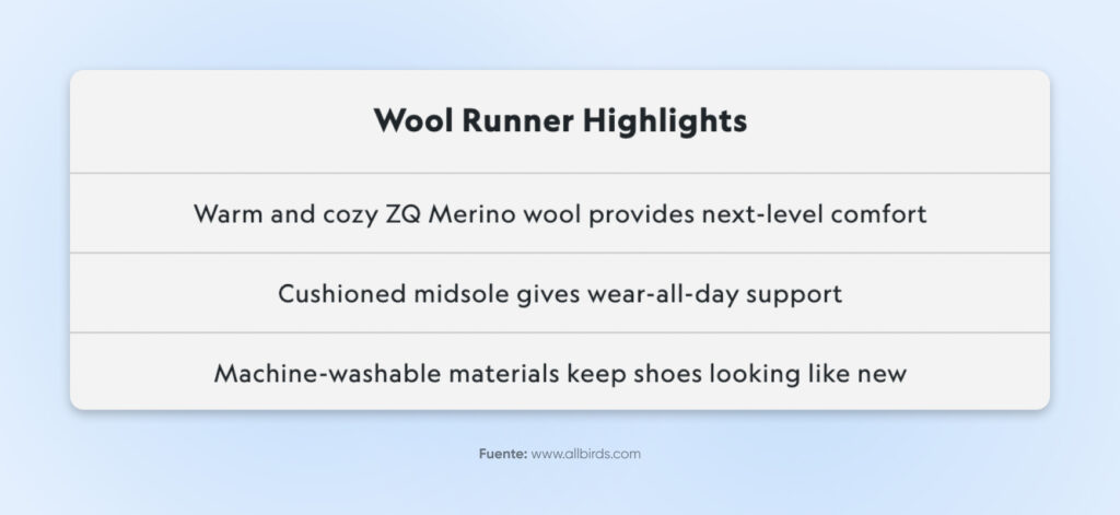 Un gráfico sencillo del sitio web de Allbirds muestra las características del producto de su zapato Wool Runner.