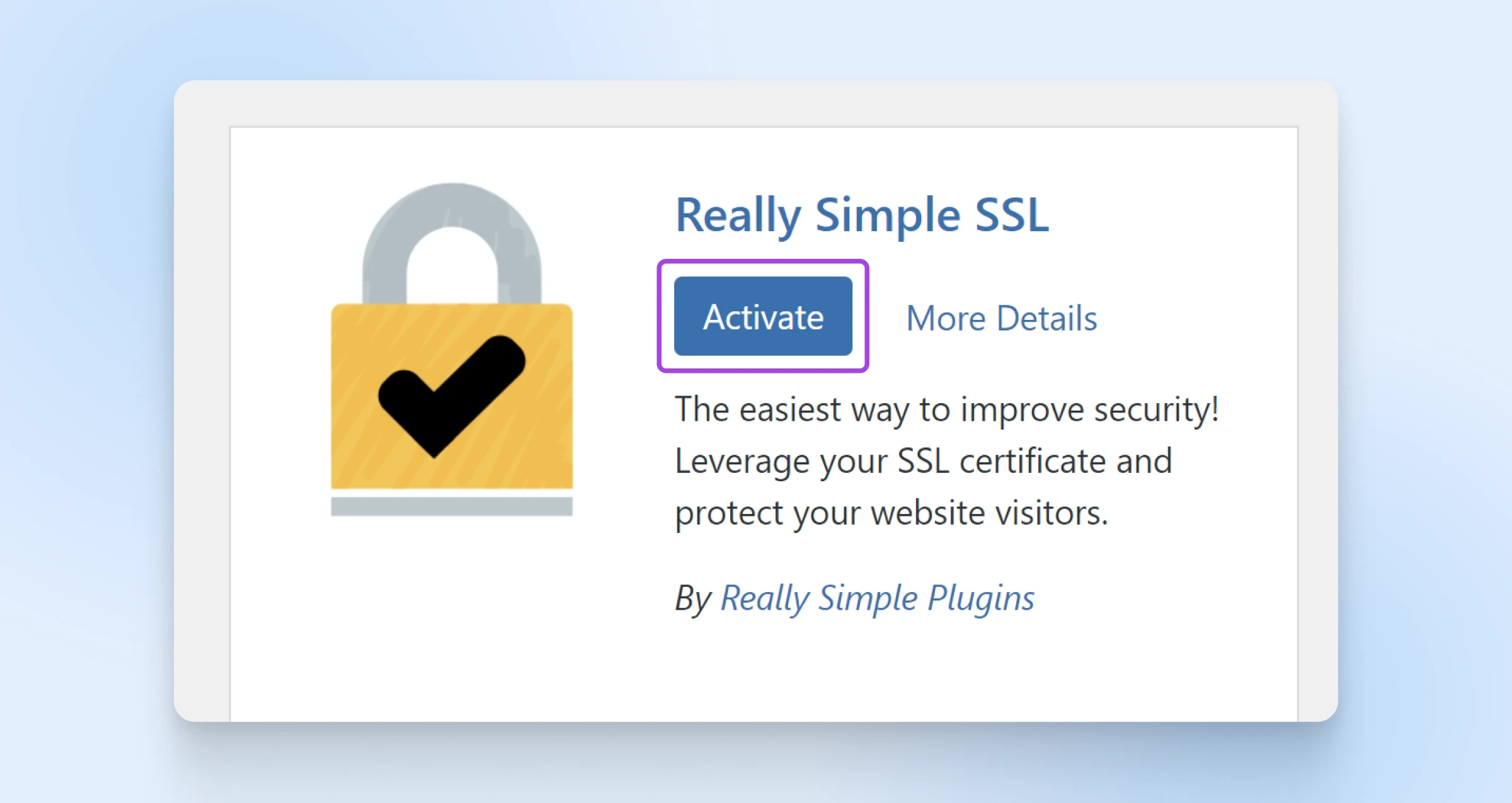 Dialog box showing the "Activate" blue button highlighted under Really Simple SSL plugin.