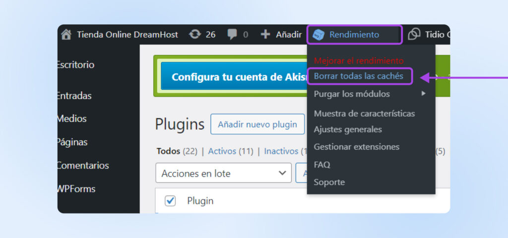 Barra de herramientas de WordPress que muestra la pestaña "Rendimiento" seleccionada y una opción para "Borrar todos los cachés" como primero en el menú desplegable.