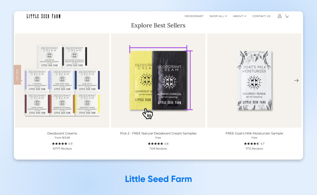 Cuadrícula de productos de Little Seed Farm destacando muestras gratuitas de crema desodorante, con el cursor del usuario sobre un paquete de muestra amarillo y negro.
