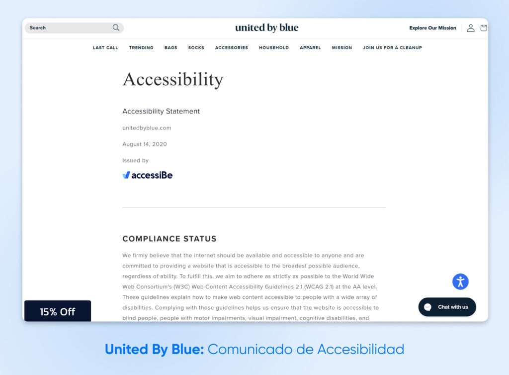 Página de declaración de accesibilidad en el sitio web de United By Blue, que muestra detalles de cumplimiento con las WCAG emitidos por accessiBe.