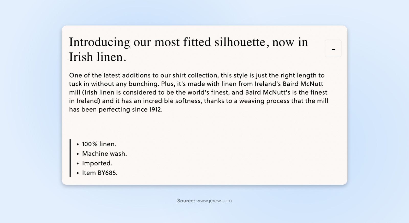 A sample product description from J.Crew provides a bulleted list of features