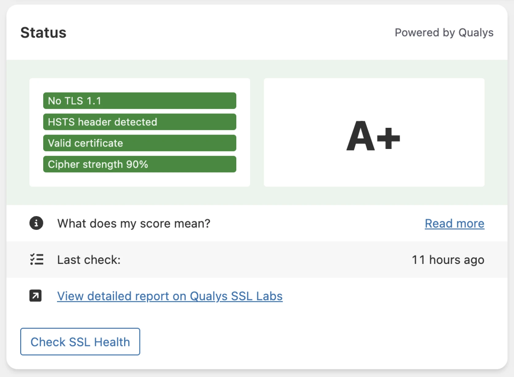 Health check showing A+ with fields like Valid Certificate and No TLS 1.1. in green. Last check performed 11 hours ago. 