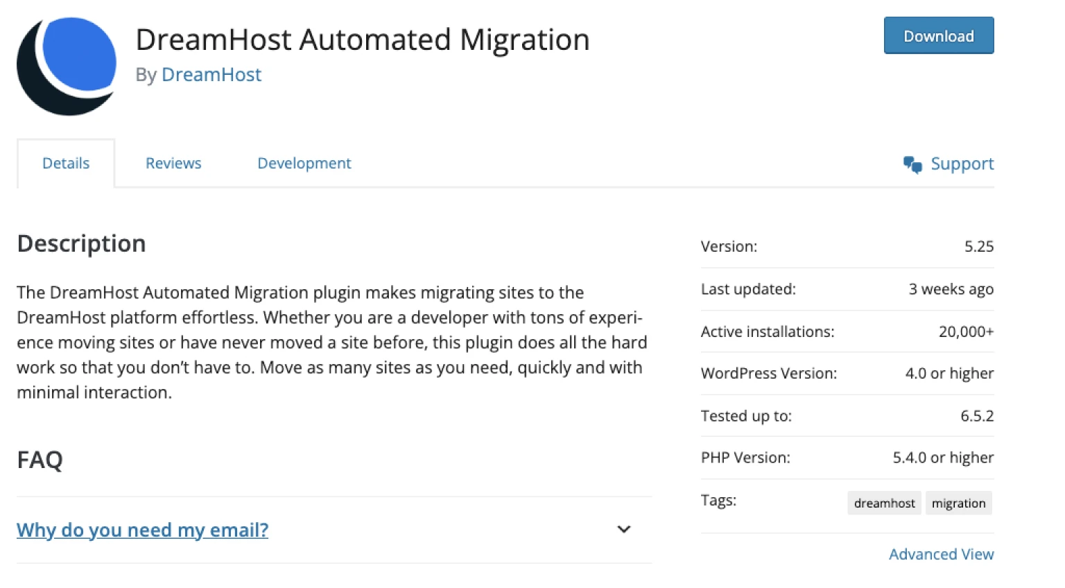 "DreamHost Automate Migration" WP plugin page with its description, FAQ, version, last updated, and PHP version.