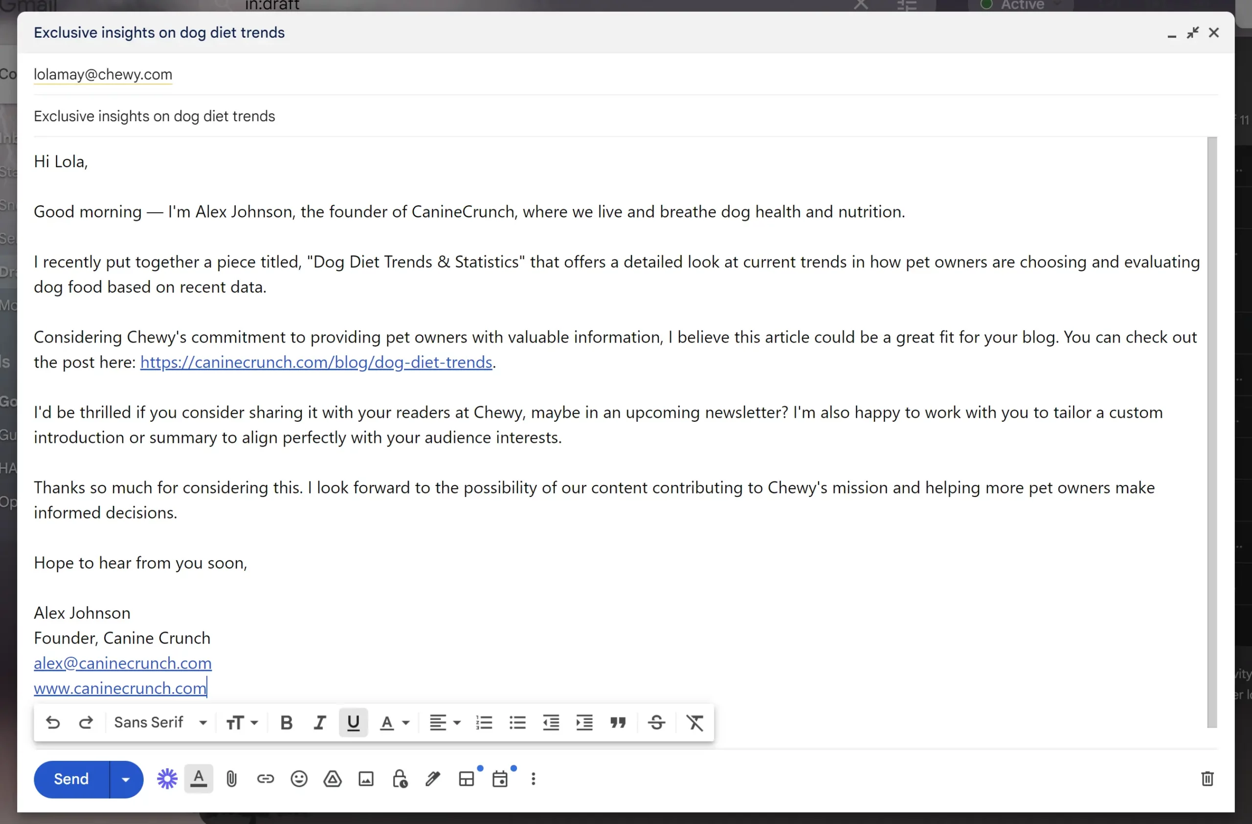 example email reaching out to chewy to share exclusive insights on dog food diet trends as a means to get a backlink