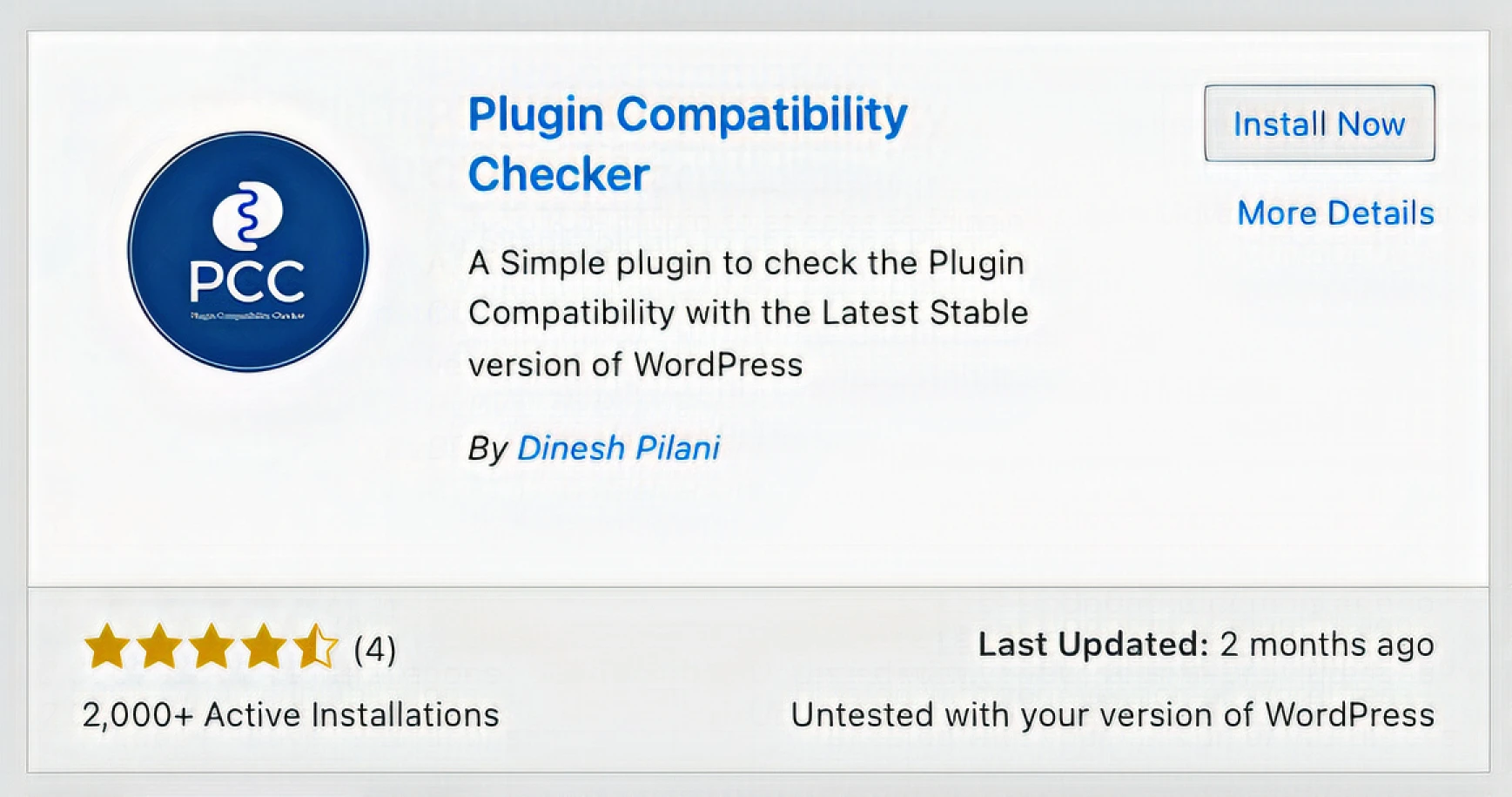 "Plugin Compatibility Checker" in focus with its description, button to install, last updated, and average rating of 4 stars.