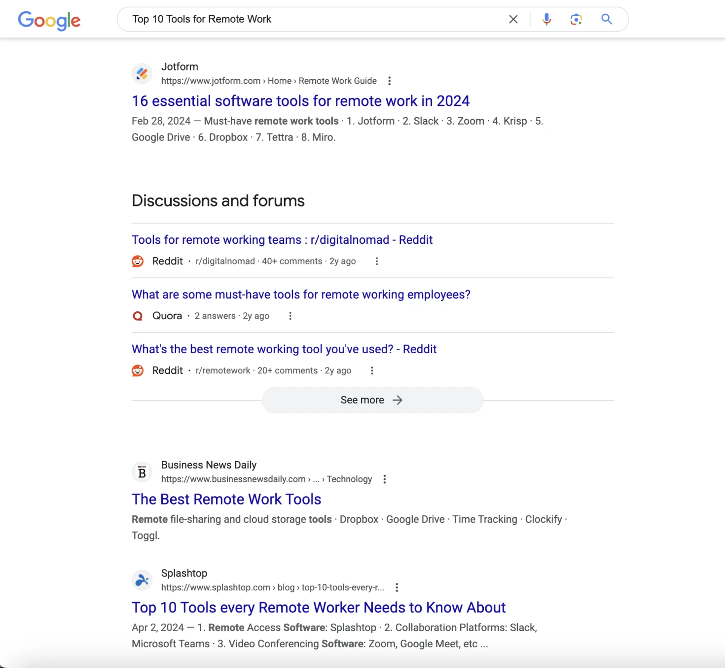 Google search for "Top 10 Tools for Remote Work" with listicle results from Jotform, Business News Daily, etc.