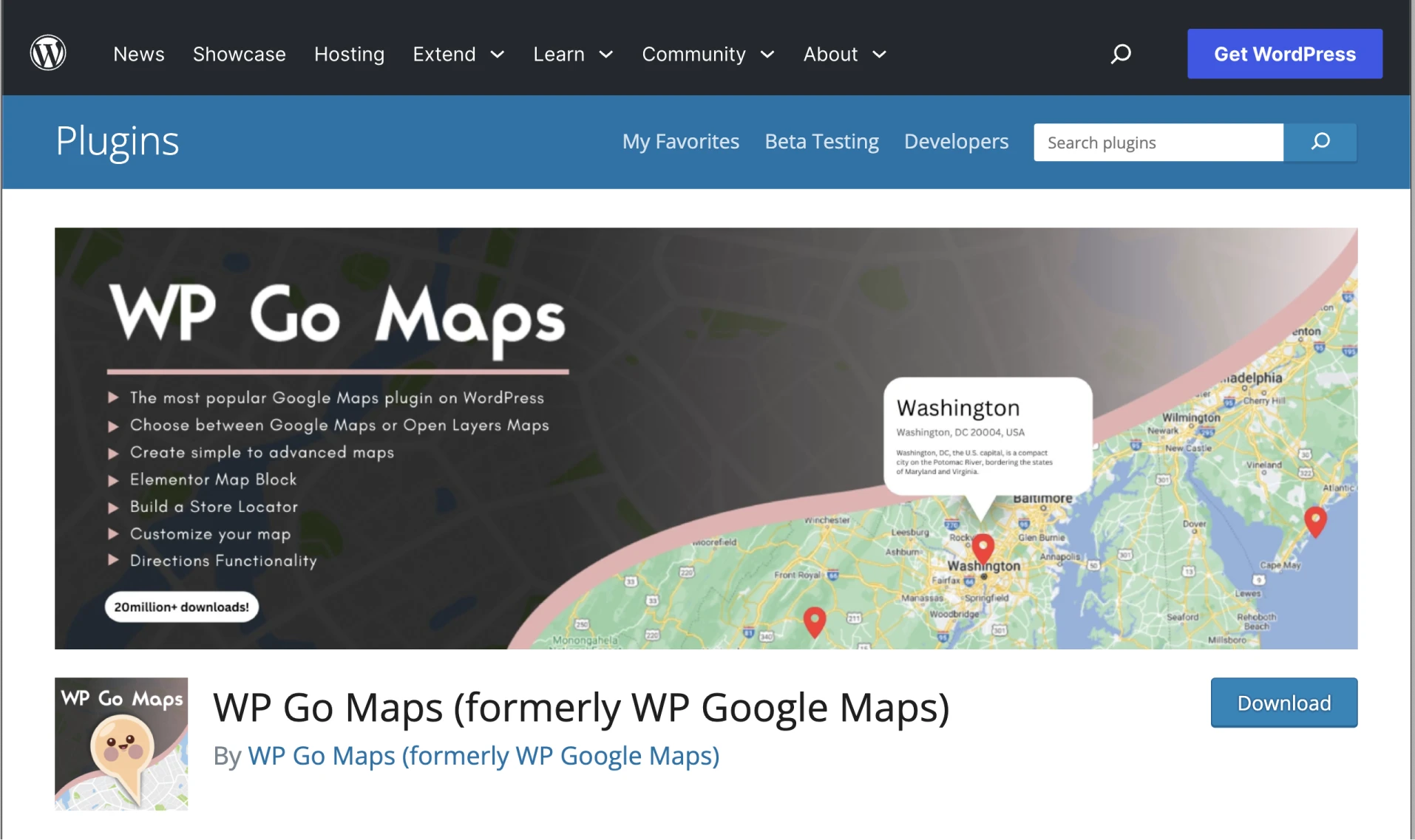 WP Go Maps screenshot under WordPress's "Plugins" page. Features of plugin in bullet points with a partial map to the right. 