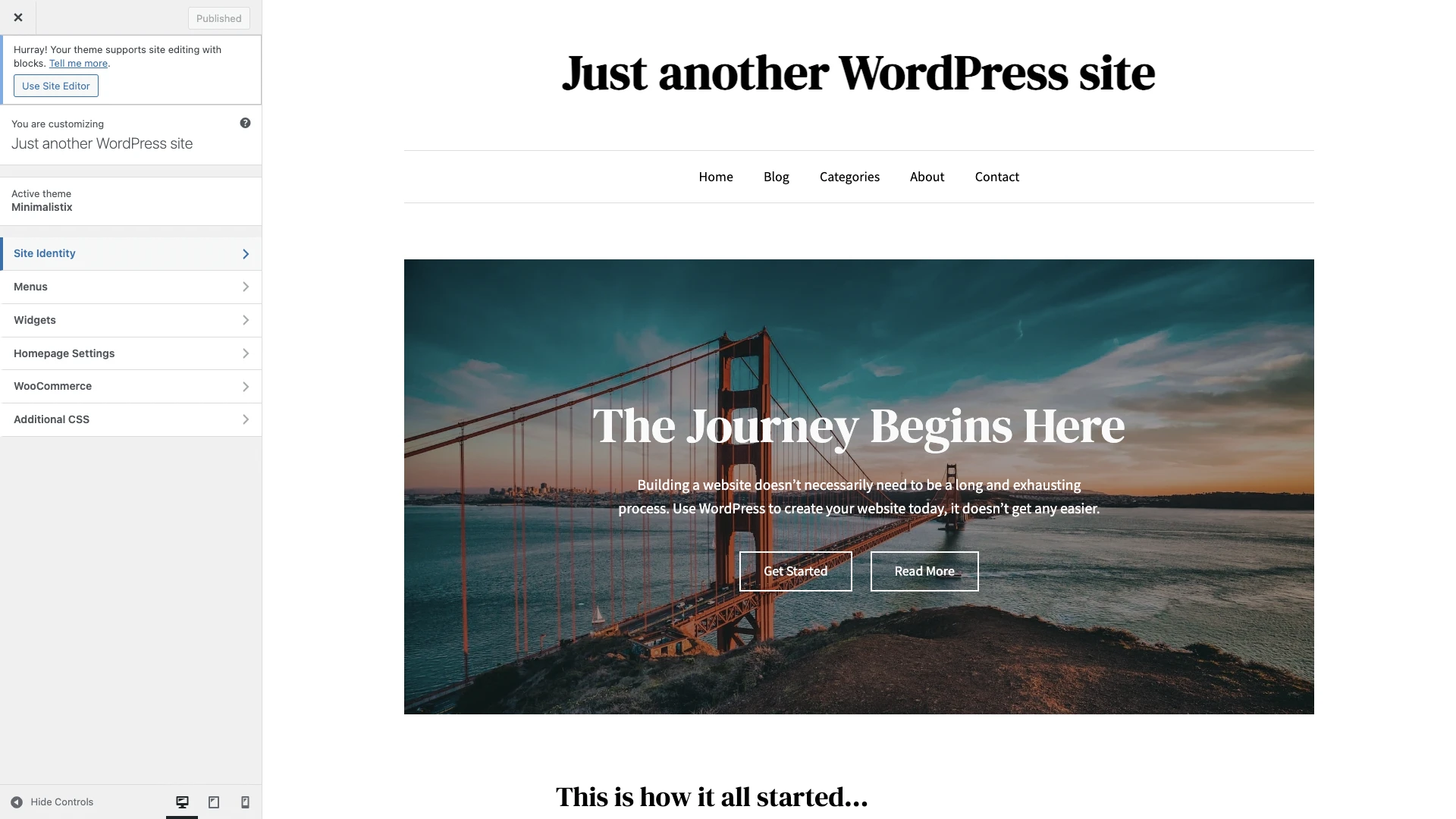 WordPress Customizer screenshot with a new site including placeholder title, hero image, and subheading.