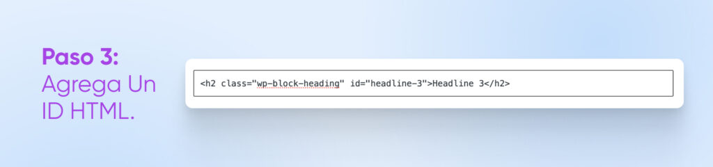 captura de pantalla que muestra la etiqueta de identificación HTML como h2 id headline-3 en el Título 3