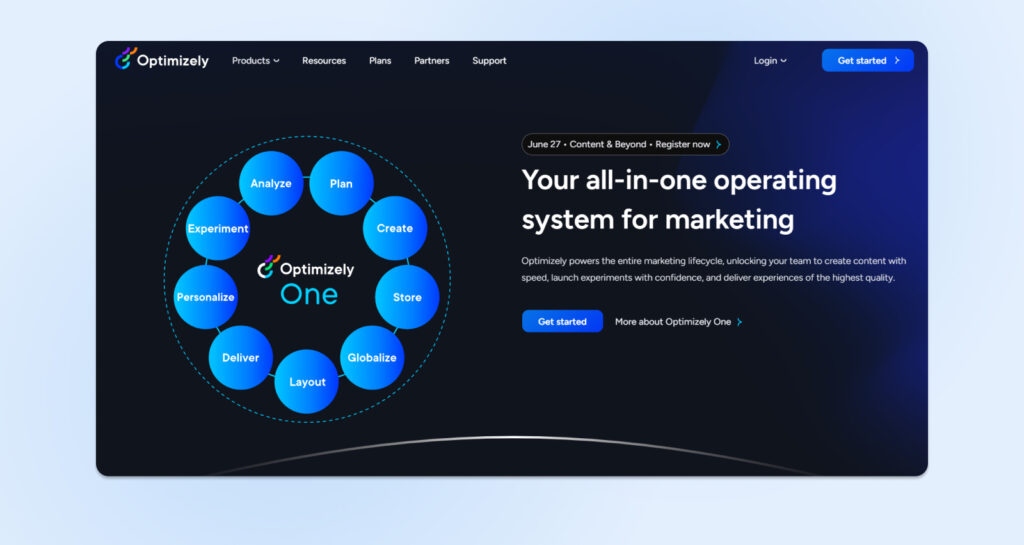 Captura de pantalla sitio inicial Optimizely, herramienta para pruebas A/B